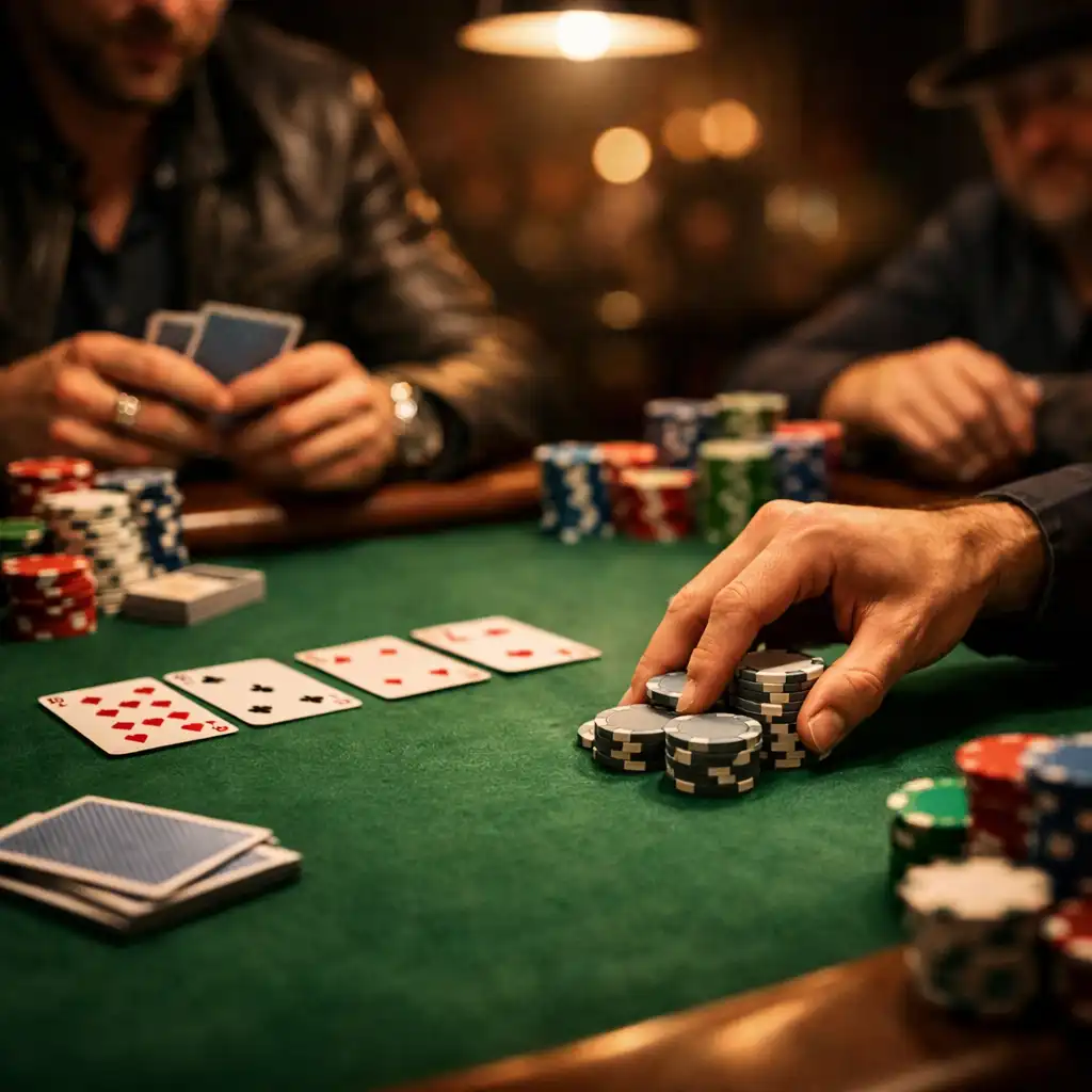 Close-up of players placing chips during a Texas Hold’em game