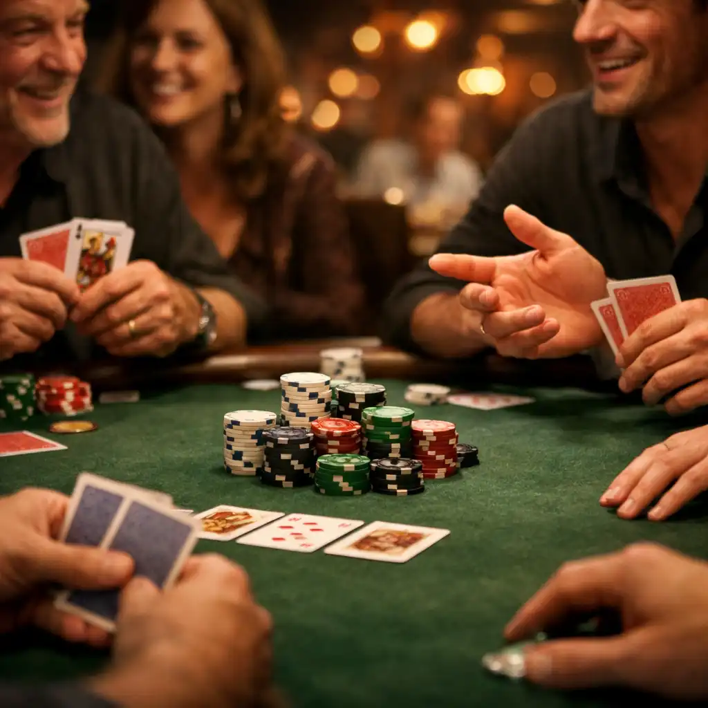 Close-up of players interacting around a physical poker table in the Card Lounge during a poker night
