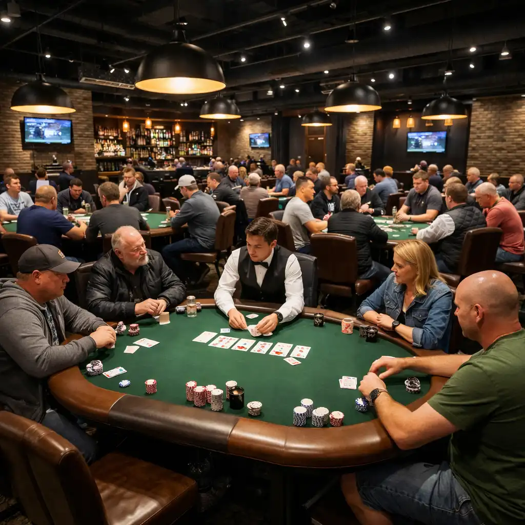 Card Lounge with multiple physical poker tables and people playing Texas Hold’em face-to-face