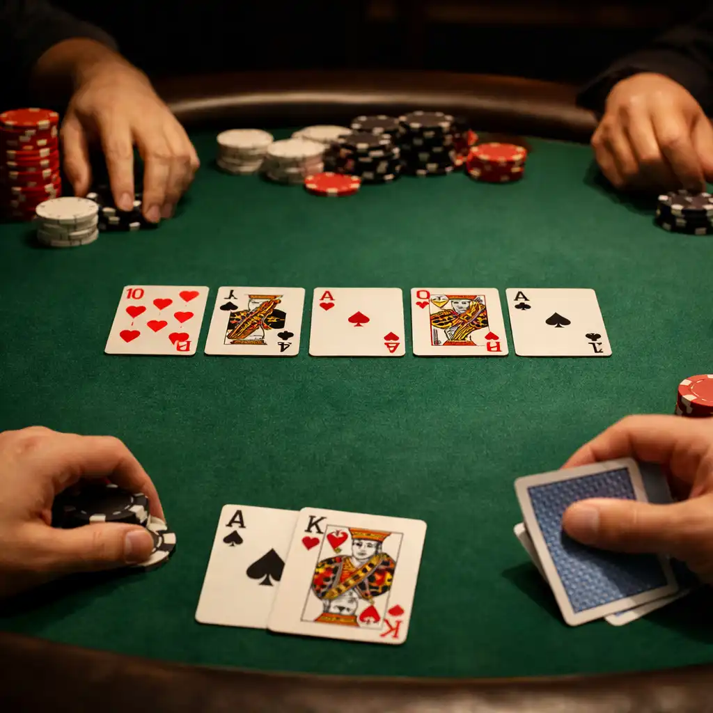 Close-up of a physical poker table with green felt, neutral chips, and playing cards