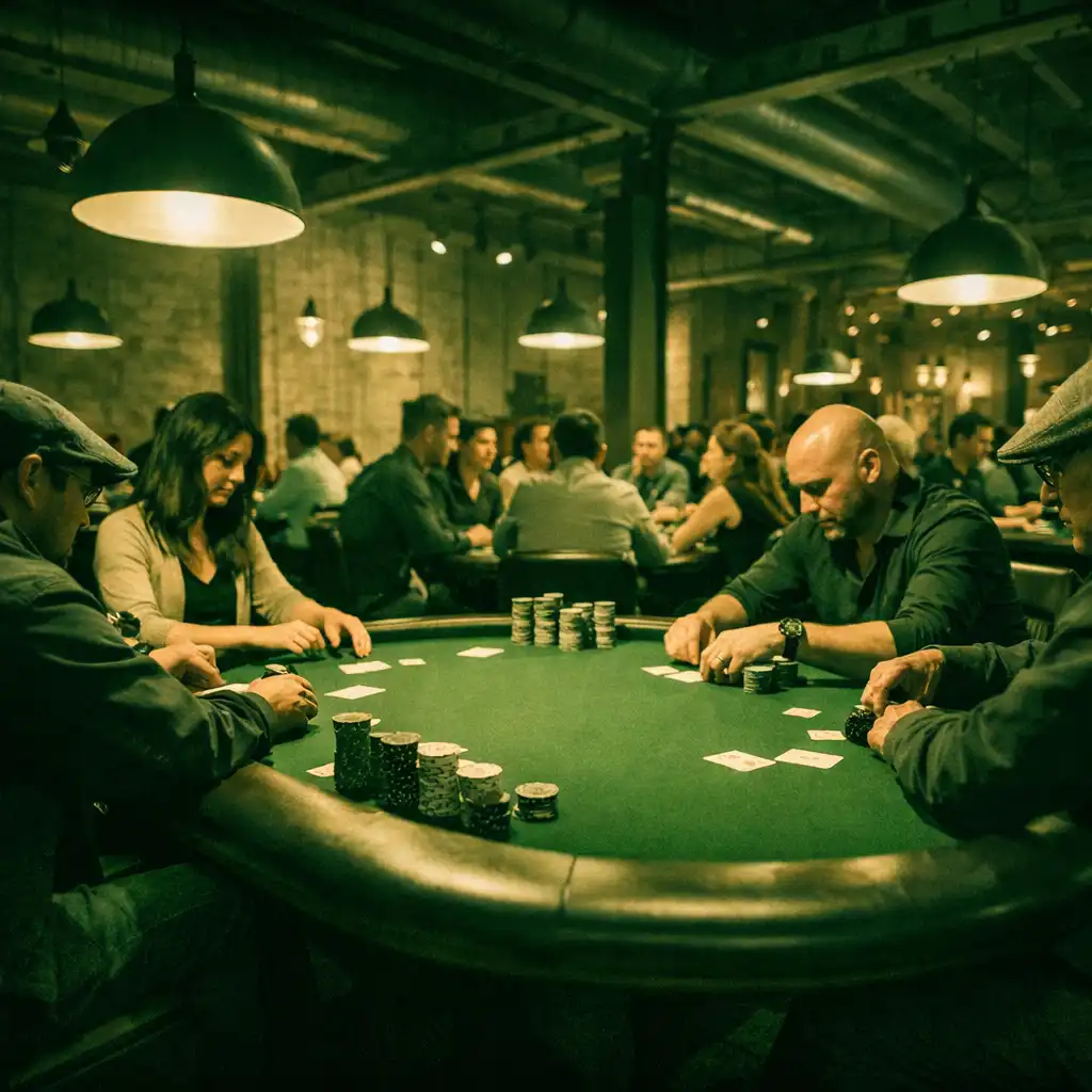 Wide-angle view of the Card Lounge at Sortee Jogo, showing physical poker tables with green felt and people engaged in face-to-face Texas Hold’em inside a converted warehouse.