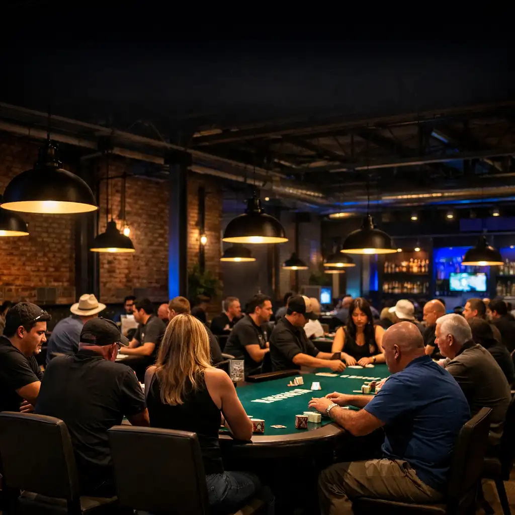 Wide-angle view of the Card Lounge with multiple complete physical poker tables and players engaged in face-to-face Texas Hold'em