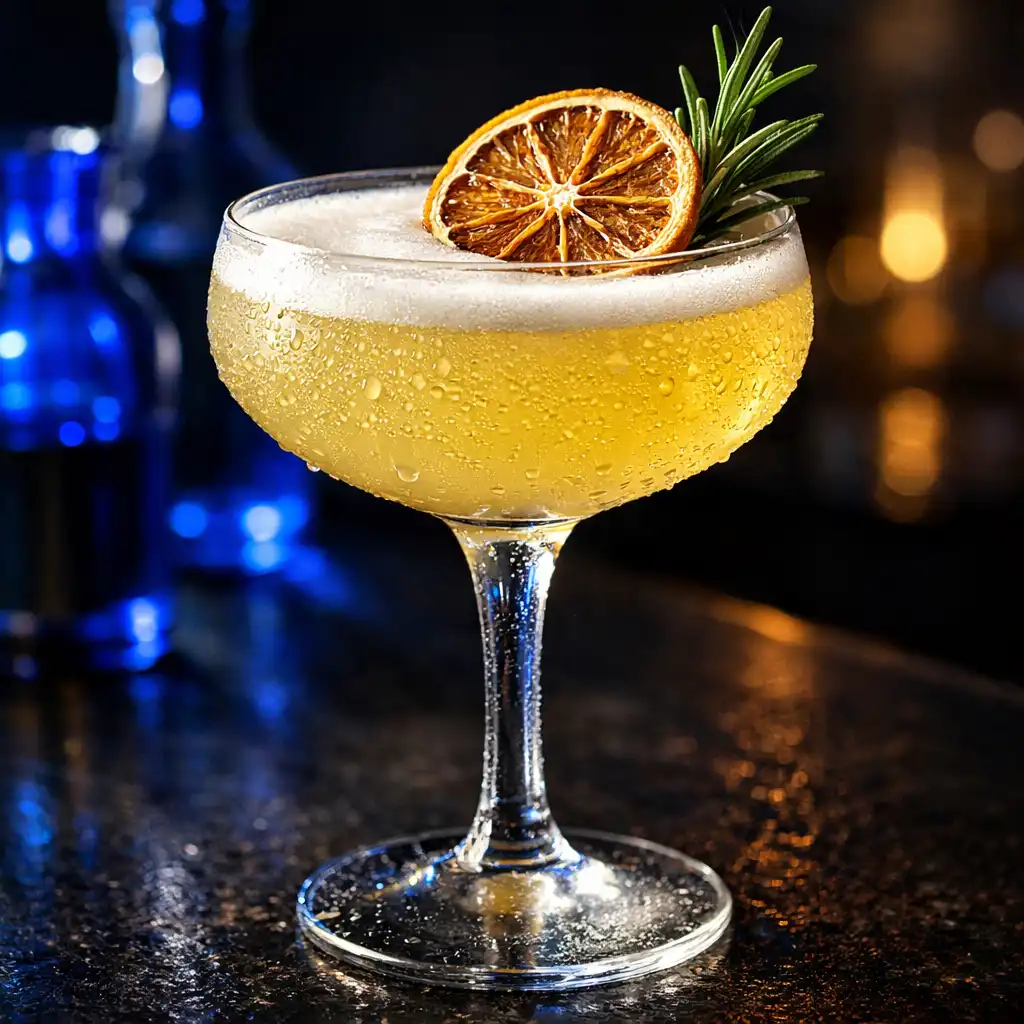 Hunter Street Sour cocktail in a coupe glass with dehydrated lemon wheel and rosemary on a dark bar counter