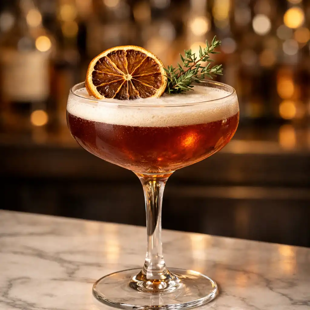 Craft cocktail in a coupe glass with a dehydrated citrus wheel and native thyme