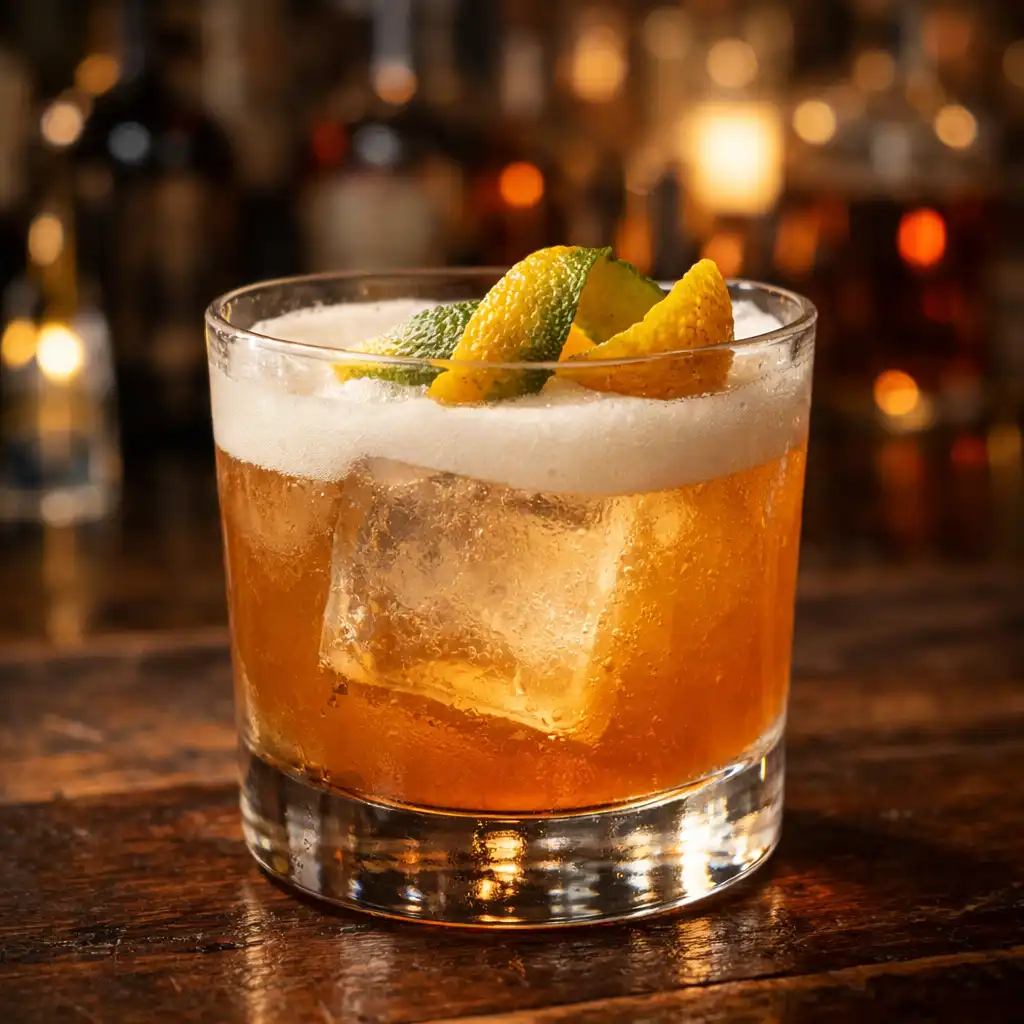 The Hunter Sour cocktail with native citrus peel garnish