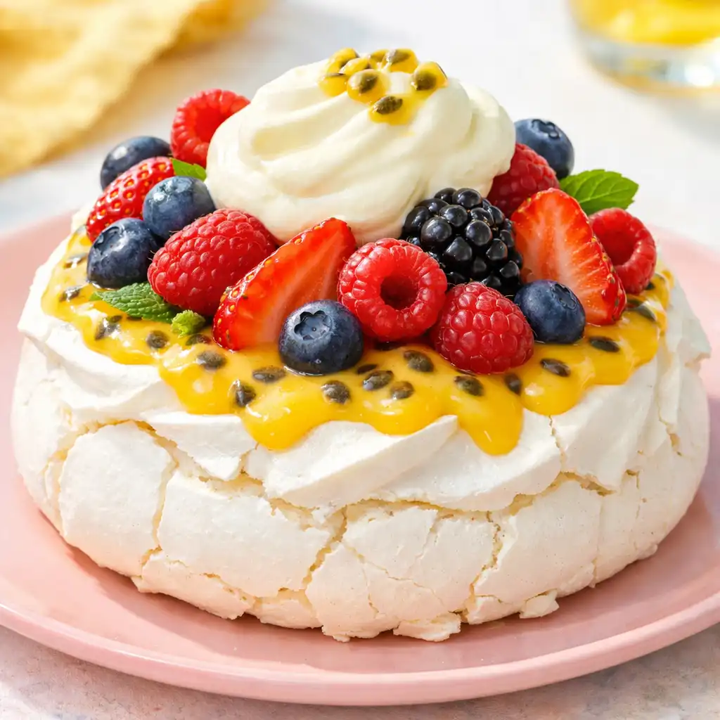 Classic Australian pavlova with passionfruit curd, fresh berries, and double cream