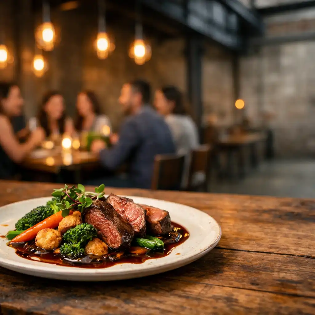 A beautifully plated modern Australian dish on a rustic wooden table in the Sortee Jogo restaurant