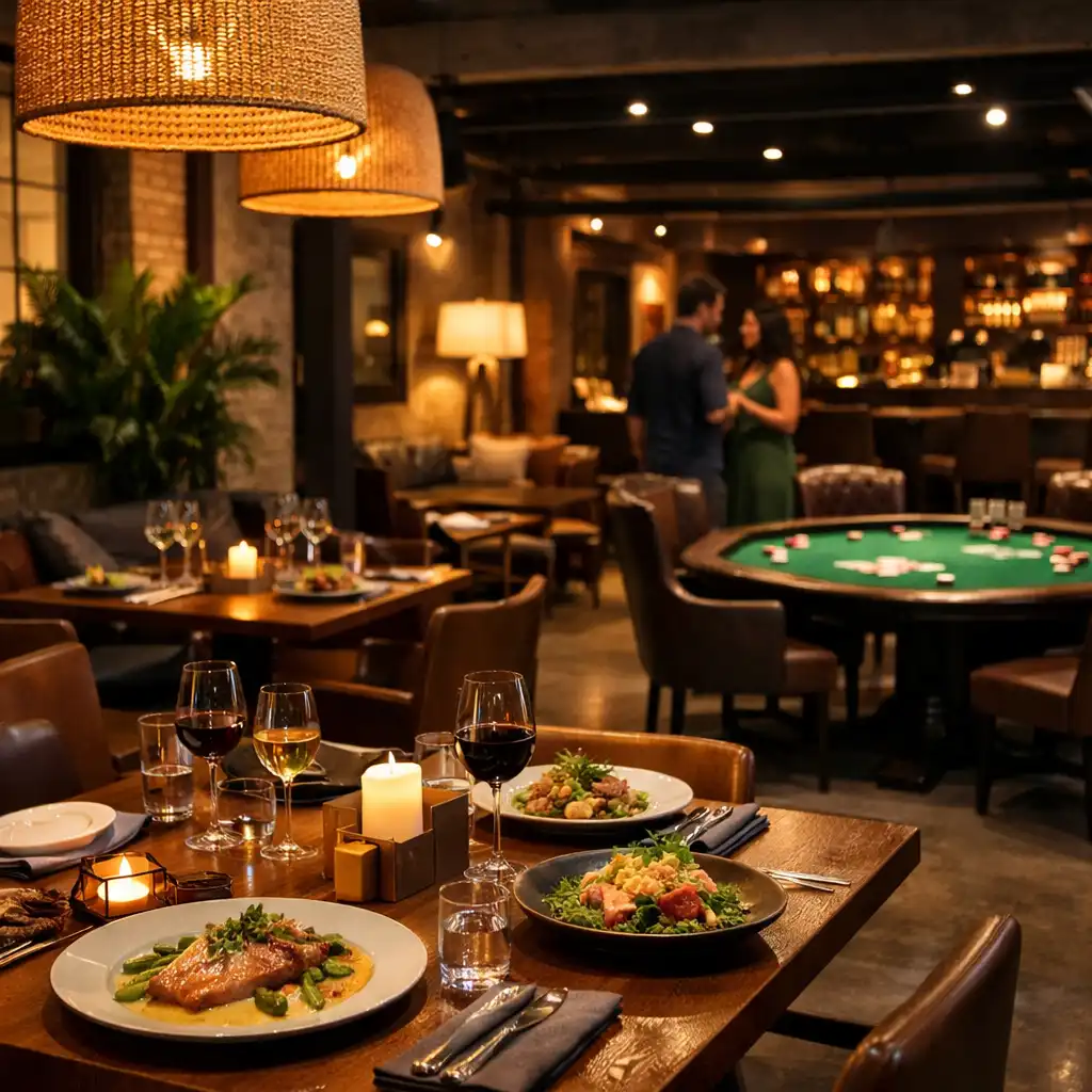 Dining area at Sortee Jogo with a hint of the Card Lounge in the background