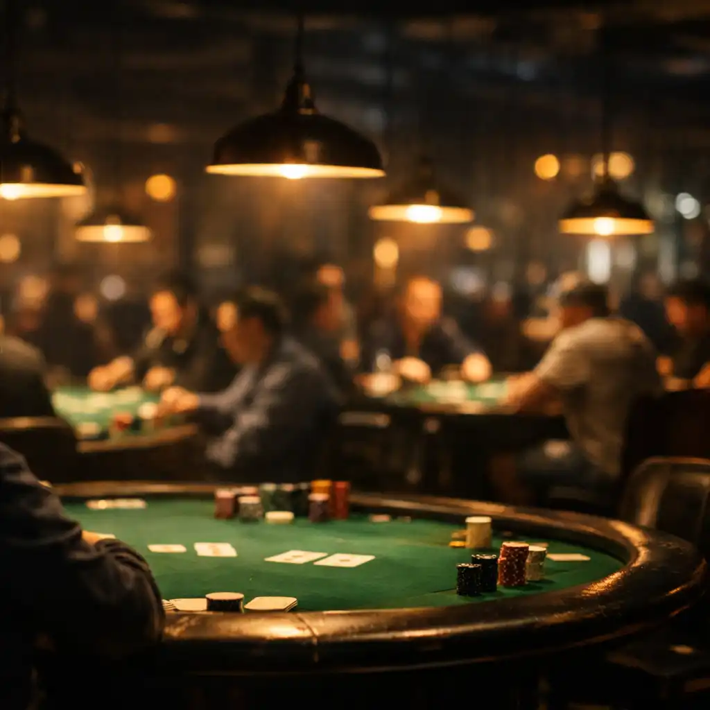 Atmospheric Card Lounge at night with physical poker tables and players in soft focus