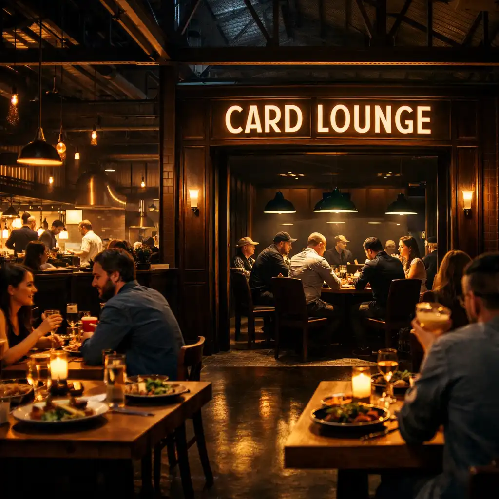 Warehouse restaurant interior with diners in the foreground and the illuminated Card Lounge with physical poker tables visible at the rear