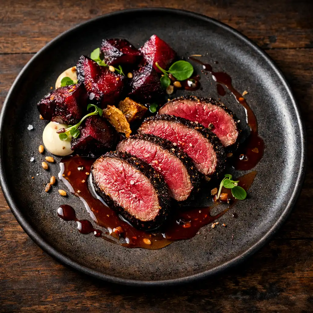Seared kangaroo loin with pepperberry crust, roasted beetroot, and bush tomato jus on a dark ceramic plate