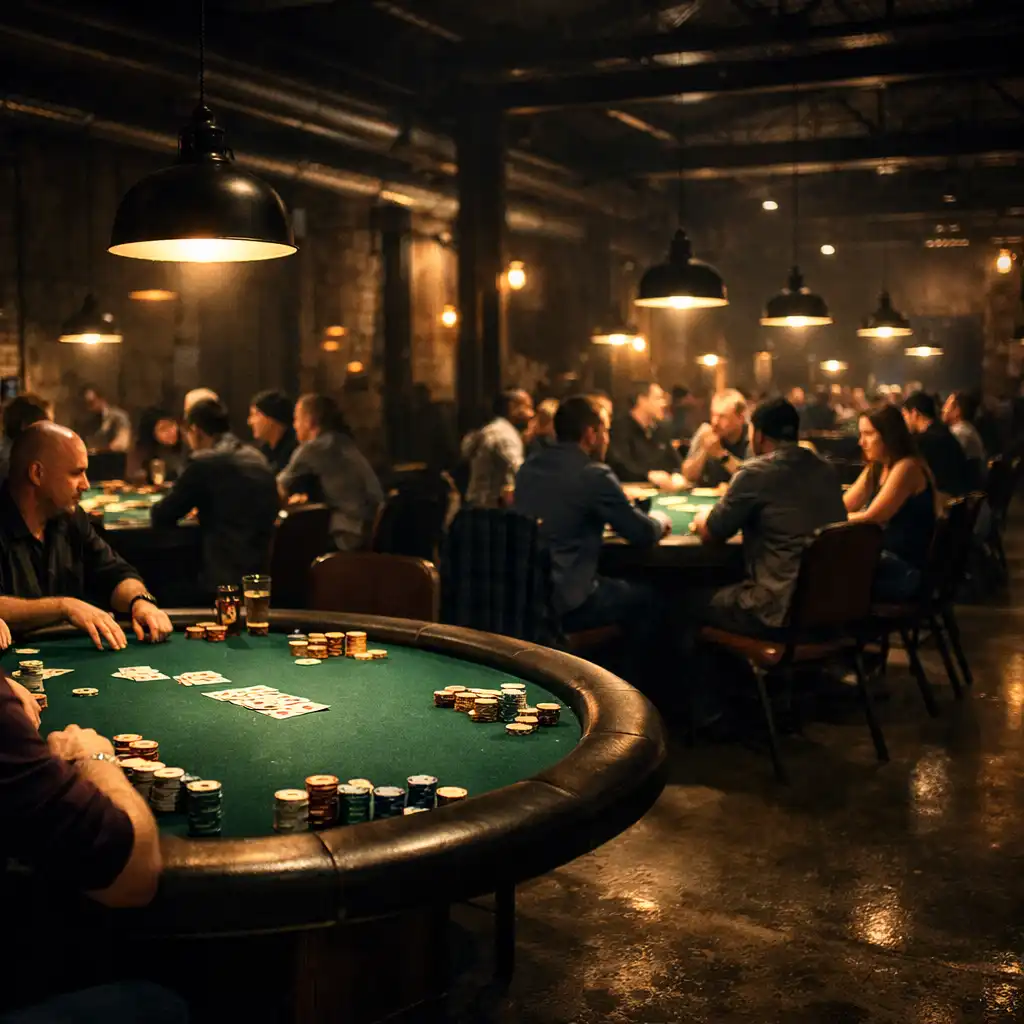 Players seated around physical poker tables in the Sortee Jogo Card Lounge during a poker night