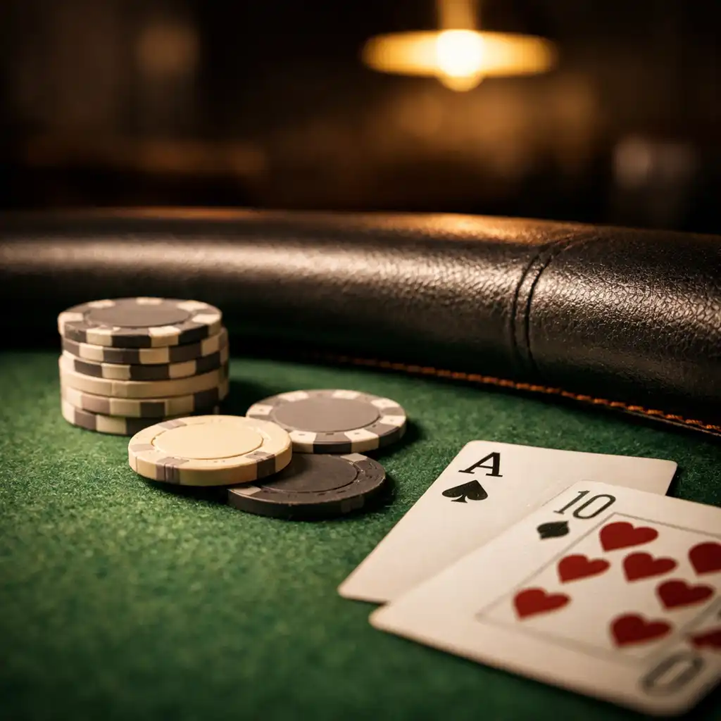 Close-up of the fern-green felt surface and padded rail of a physical poker table