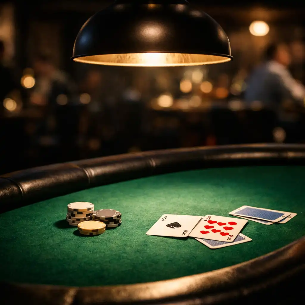 Close-up of a poker table under a warm pendant light in the Card Lounge