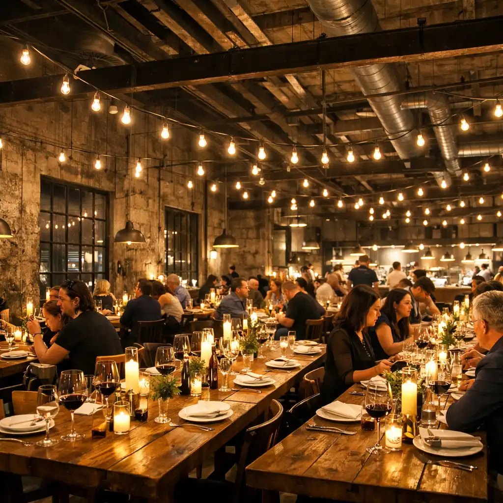 Contemporary Australian restaurant interior in a converted warehouse with communal timber tables and warm pendant lighting