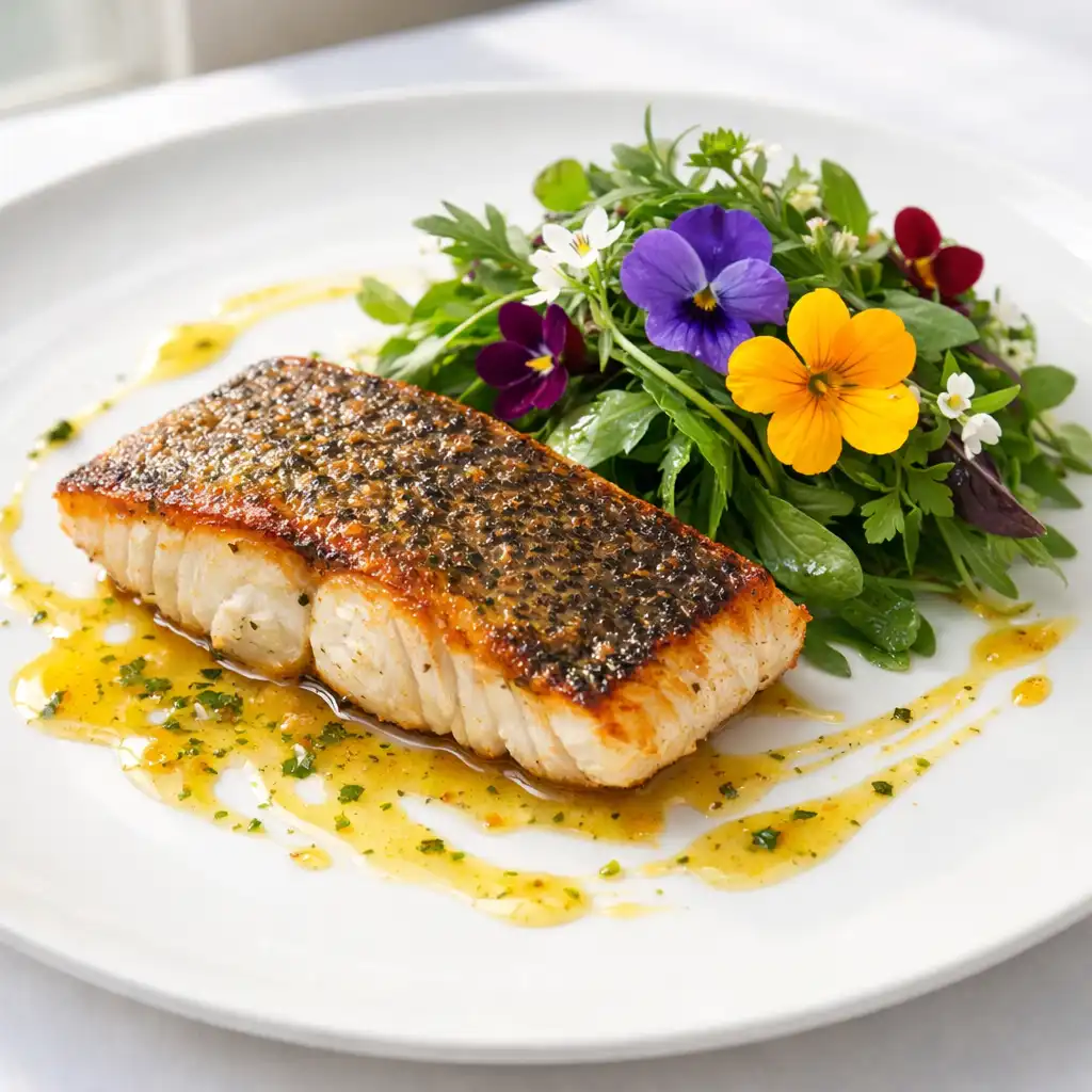 Pan-seared barramundi with lemon myrtle butter and seasonal greens