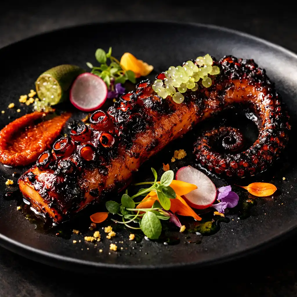 Charred octopus with smoked paprika and finger lime