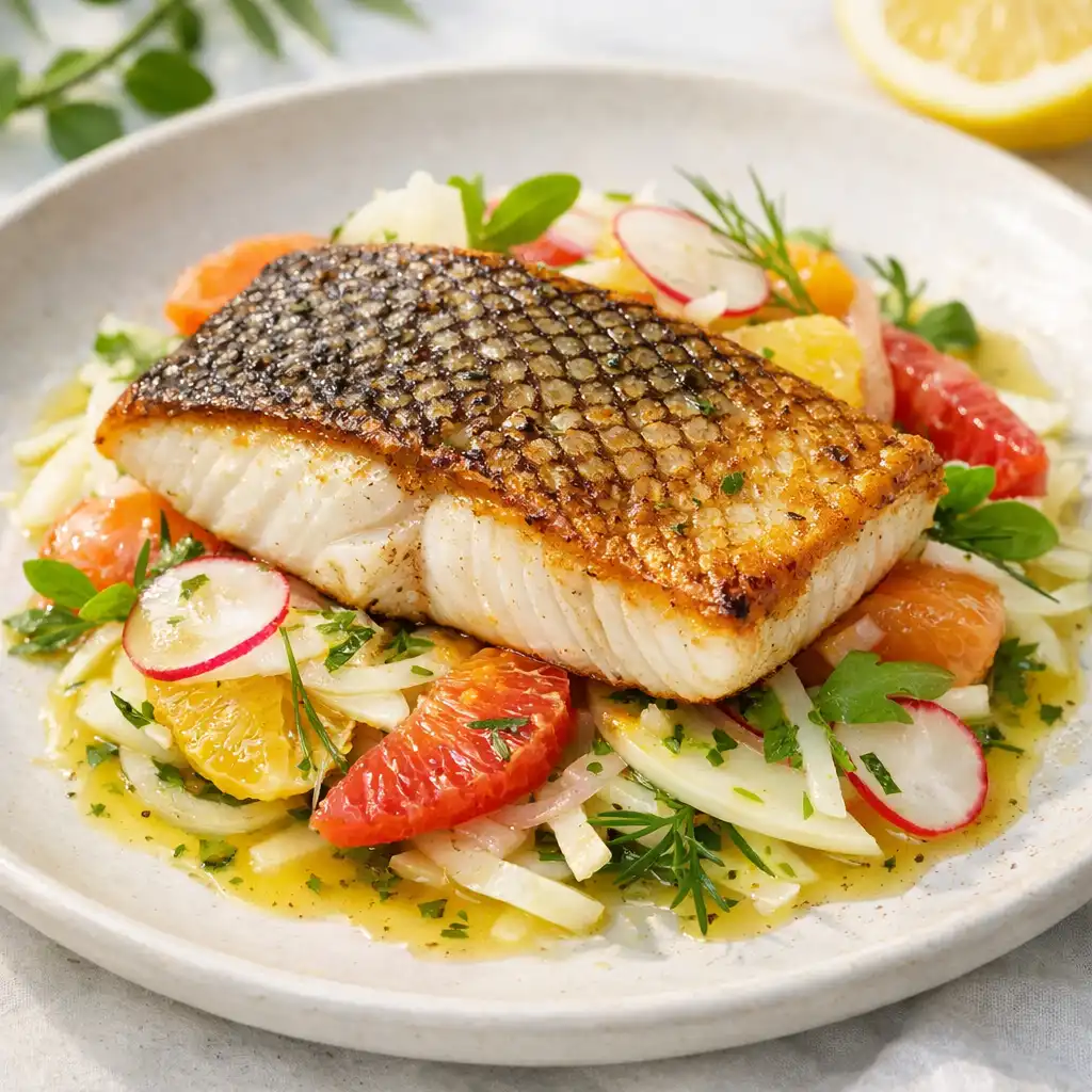 Pan-seared barramundi fillet with crispy golden skin on fennel and citrus salad with lemon myrtle butter