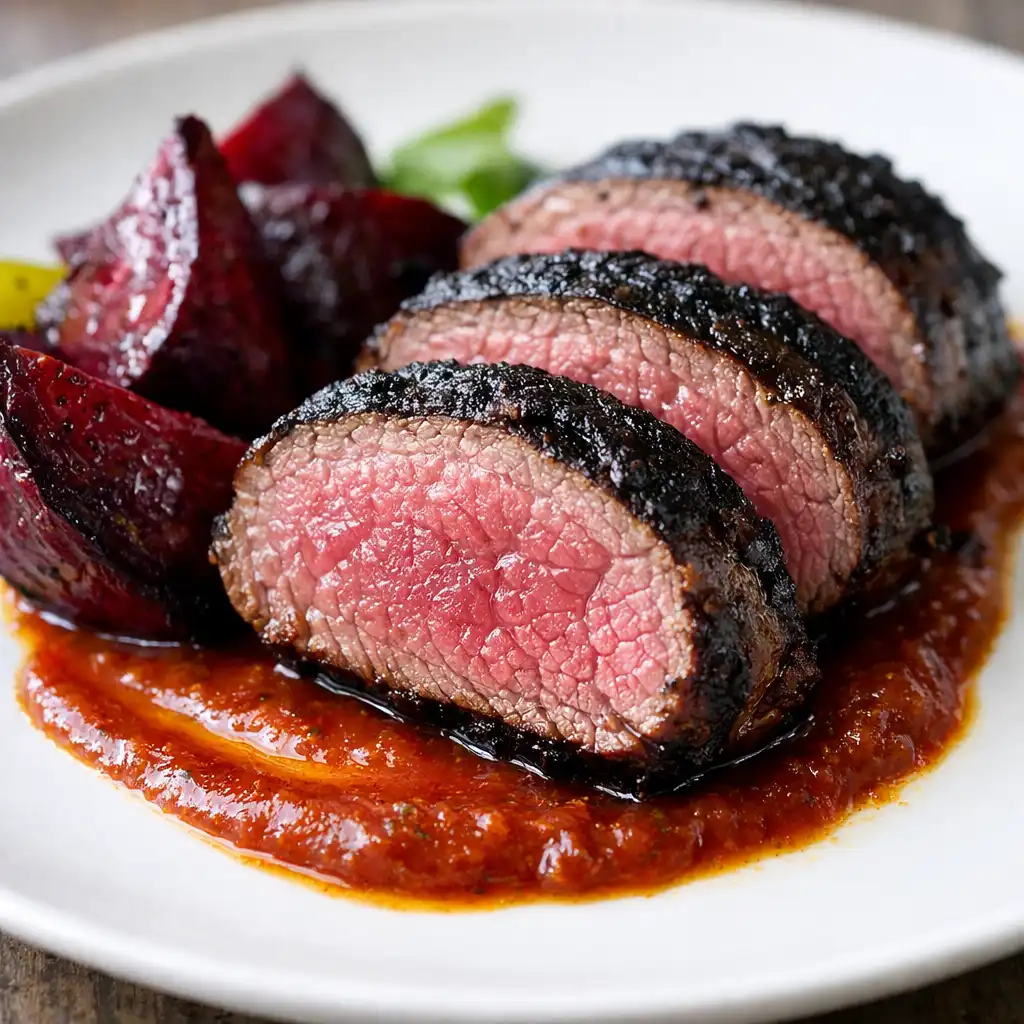 Charred kangaroo loin sliced to reveal pink interior, plated with roasted beetroot and bush tomato jus