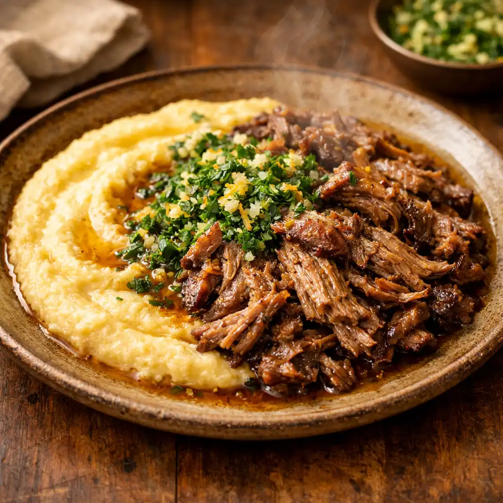 Slow-braised lamb shoulder pulled apart, served with creamy polenta and gremolata