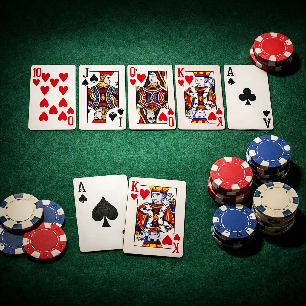 Overhead view of a Texas Hold'em hand with community cards and neutral chips on green felt