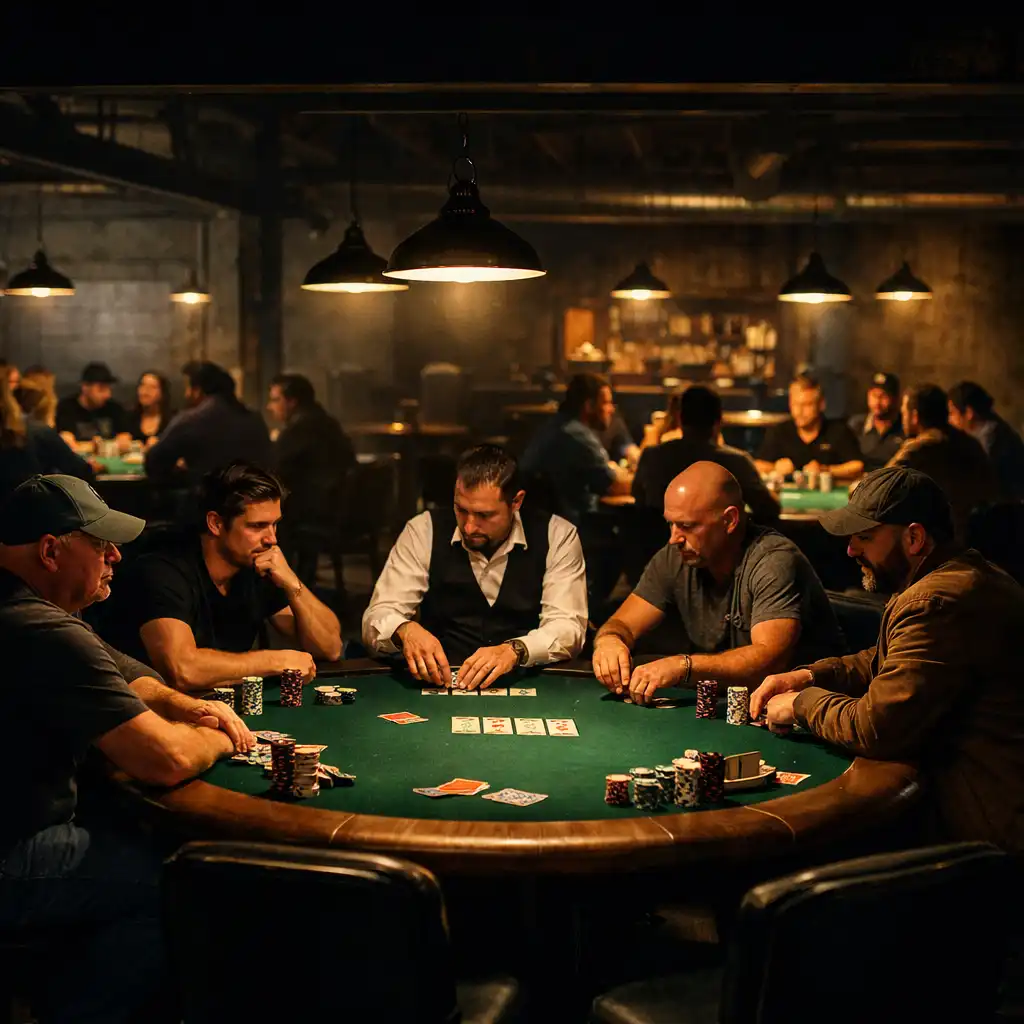 Players seated around a felt poker table in the Card Lounge